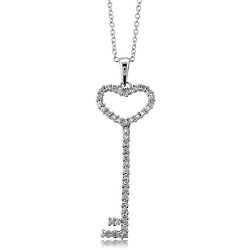 Rhodium-Plated Sterling Silver CZ Key Open Heart Fashion Pendant