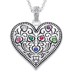 Etched Silver Heart Necklace with Birthstones