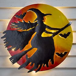 3D Lighted Flying Witch Recycled Oil Drum Lid Wall Art
