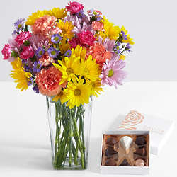 100 Blooms of Sunshine for Mom with Square Glass Vase & Chocolate