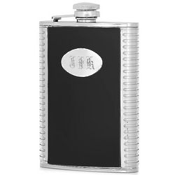 Black Leather and Engraved Steel Flask with Screw-On Lid