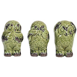 3 Rustic Green Ceramic Owl Figurines
