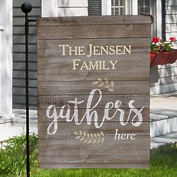 Personalized Family Gathers Here Garden Flag