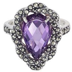 Purple Simulated Diamond and Marcasite Ring in Sterling Silver