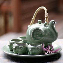 Trumpeting Elephants Celadon Ceramic Tea Set