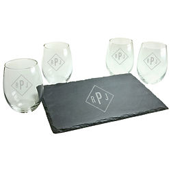 Monogrammed Stemless Wine Glasses and Slate Cheese Boar