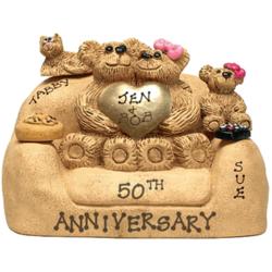 Personalized Golden Heart Couple and Kid Bears in Loveseat