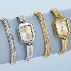 Crystal Hinged Bangle Watch and Bracelet Set