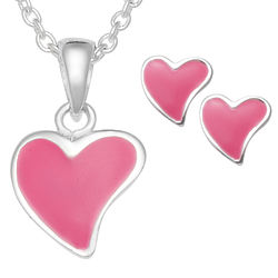 Sterling Silver Pink Heart Necklace and Earrings