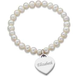 Fresh Water Pearl Stretch Bracelet with Engraved Name Heart Charm