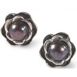 Black Rose Cultured Pearl Flower Earrings