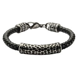 Men's Braided & Hammered Bracelet in Leather & Stainless Steel