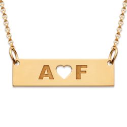Couple's Personalzied Initials and Heart Gold-Plated Bar Necklace