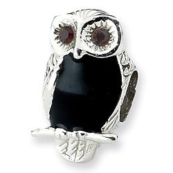 Black Enamel and Cubic Zirconia Owl Bead in Sterling Silver