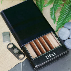 Personalized Black Leather Six Cigar Case