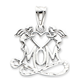 14k White Gold Classic Two Angels 'Mom' Pendant
