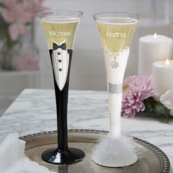 Personalized Painted Bride & Groom Champagne Flutes