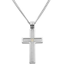 Stainless Steel Cross Pendant with 14 Karat Gold Accent