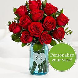One Dozen Long Stemmed Red Roses with Personalized Mason Jar