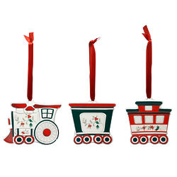 3 Train Ornaments in White, Red, and Green