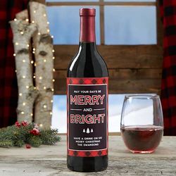 Personalized Merry & Bright Plaid Wine Bottle Label