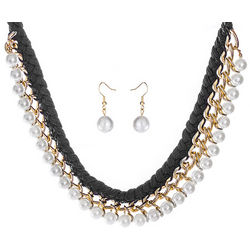 Braided Black Collar Pearl Necklace and Pearl Earrings Gift Set
