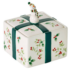 Winterberry Snowman Treat Jar in Green, Red, and White