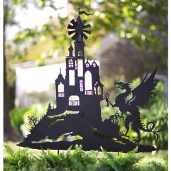 Castle and Dragon Silhouette Garden Stake