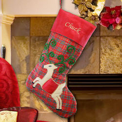 Personalized Plaid Satin Reindeer Christmas Stocking
