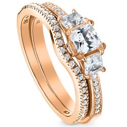 Rose Gold Plated & CZ 3-Stone V Shaped Engagement Ring Set