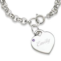 February Engraved Birthstone Heart Charm Bracelet