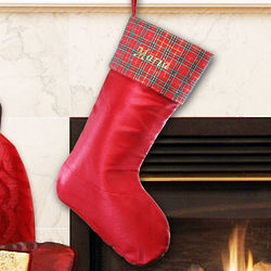 Embroidered Red Satin Stocking with Plaid Trim