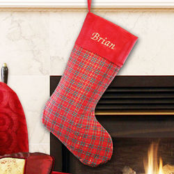 Embroidered Red Plaid with Satin Trim Stocking