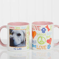 Peace, Love, Dogs Personalized Coffee Mug with Pink Handle