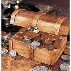 Wooden Treasure Chest with 51 Historic Coins