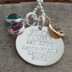 Engraved Silver Family Tree Swarovski Birthstone Necklace