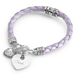 Girl's Purple Leather Bracelet with Personalized Heart Charm