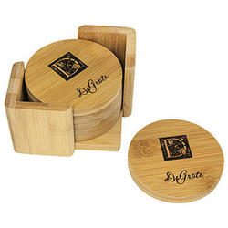 6 Monogrammed Round Bamboo Coasters in Matching Holder