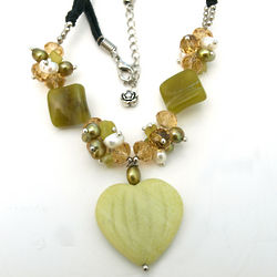 Lemon Jade Heart Shaped Pendant with Pearls and Crystals