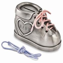 Personalized Heart Baby Shoe Bank in Pewter
