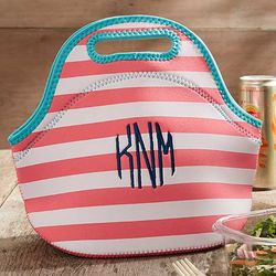 Coral & White Embroidered Monogram Lunch Bag