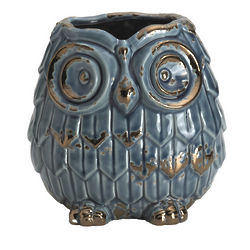 Rustic Blue Ceramic Owl Vase