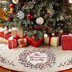 Personalized Holiday Berry Wreath Tree Skirt