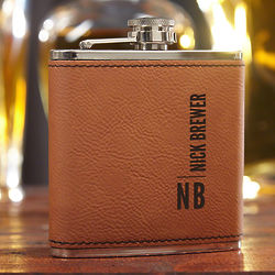 Calvin Saddle Brown Faux Leather Personalized Flask