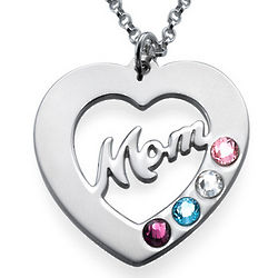 Mom's Silver Cut-Out Heart Necklace with Birthstones