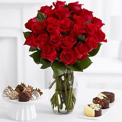 24 Red Roses with 6 Fancy Strawberries and Cheesecake Trio
