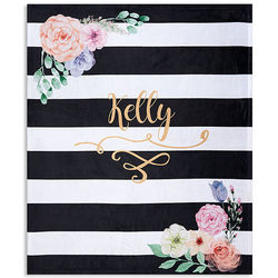 Personalized Floral Fleece Throw Blanket in Black and White