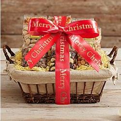 Gourmet Snacks with Merry Christmas Ribbon in Willow Basket