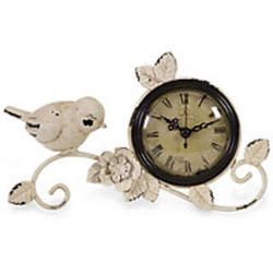 Antique White Metal Bird and Rose Clock