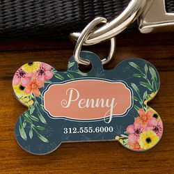 Personalized Bone-Shaped Dog Tag with Floral Design